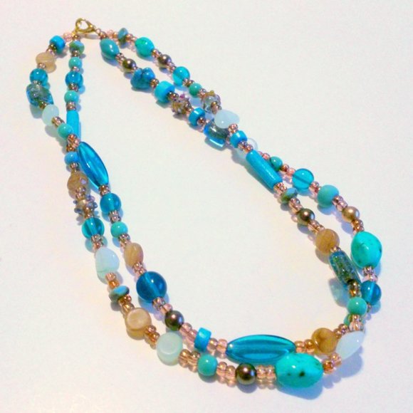 Shades of Blue and Gold Multi Strand Glass Bead Necklace * - Picture 2 of 3